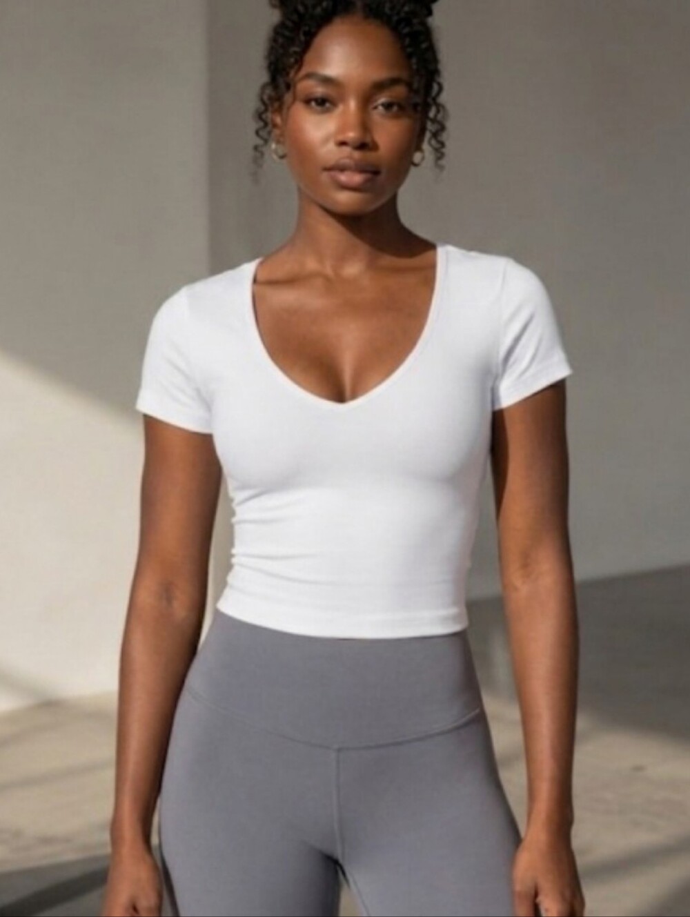 lululemon athletica White V-Neck Short Sleeve Cropped Top